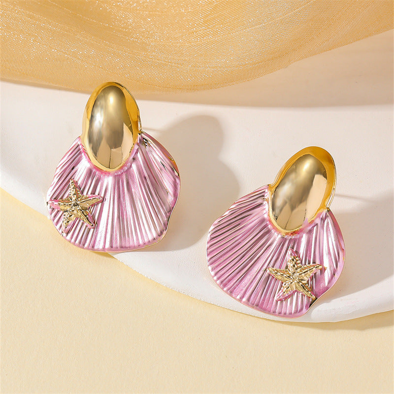 Marine Style Shell Stud Earrings For Women With Electroplated Finish And 304 Stainless Steel Posts