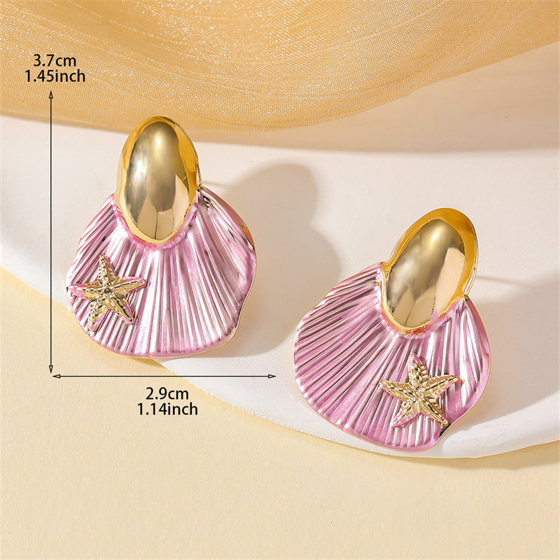 Marine Style Shell Stud Earrings For Women With Electroplated Finish And 304 Stainless Steel Posts