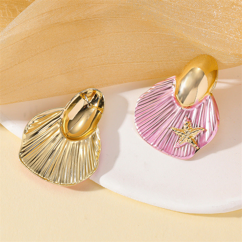Marine Style Shell Stud Earrings For Women With Electroplated Finish And 304 Stainless Steel Posts