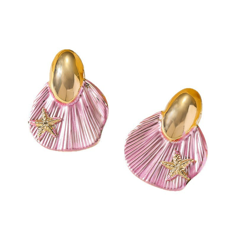Marine Style Shell Stud Earrings For Women With Electroplated Finish And 304 Stainless Steel Posts