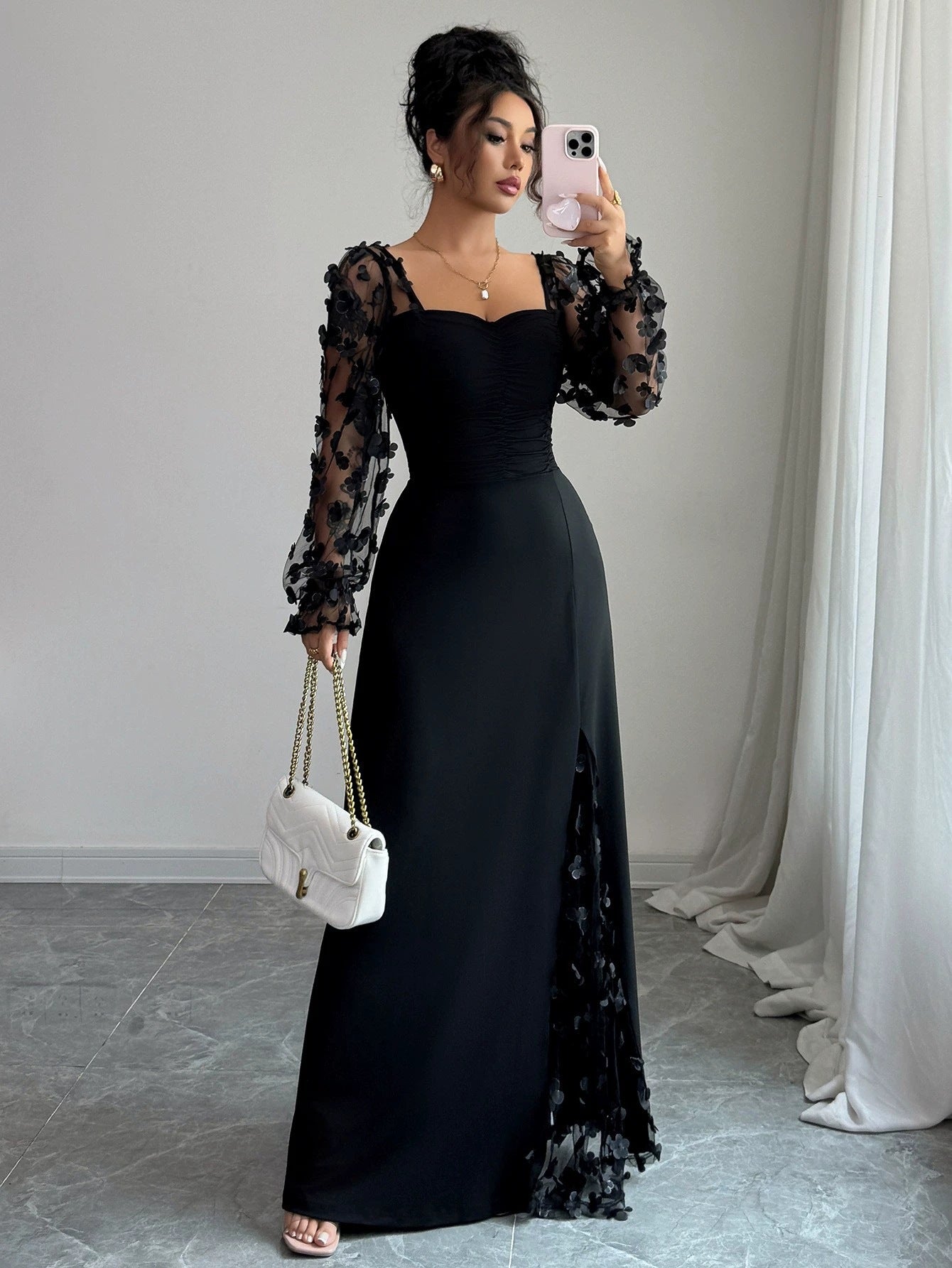 Elegant Solid Color Lace Dress With Long Sleeve And Square Collar, Made Of Polyester, Perfect For Banquet
