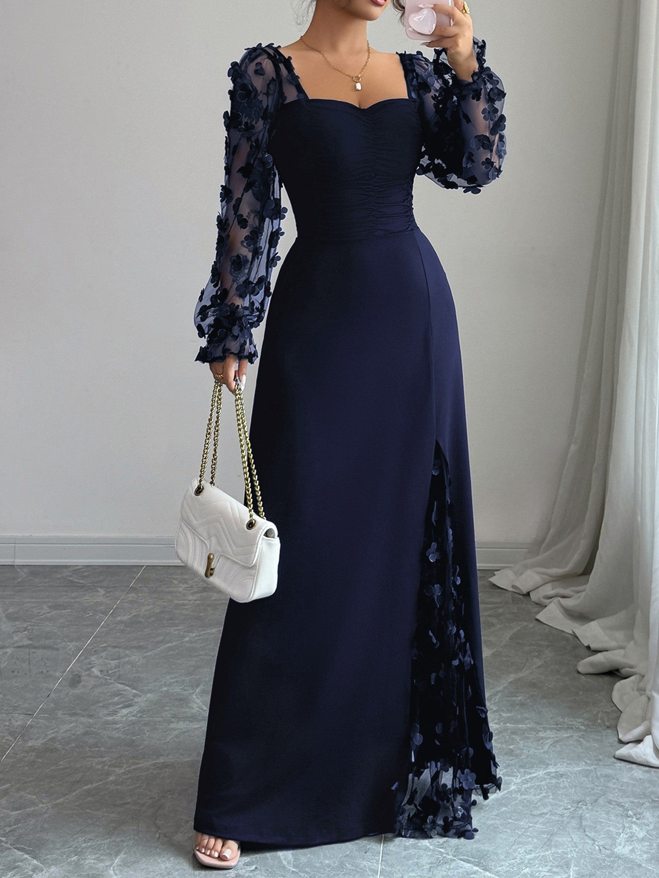 Elegant Solid Color Lace Dress With Long Sleeve And Square Collar, Made Of Polyester, Perfect For Banquet