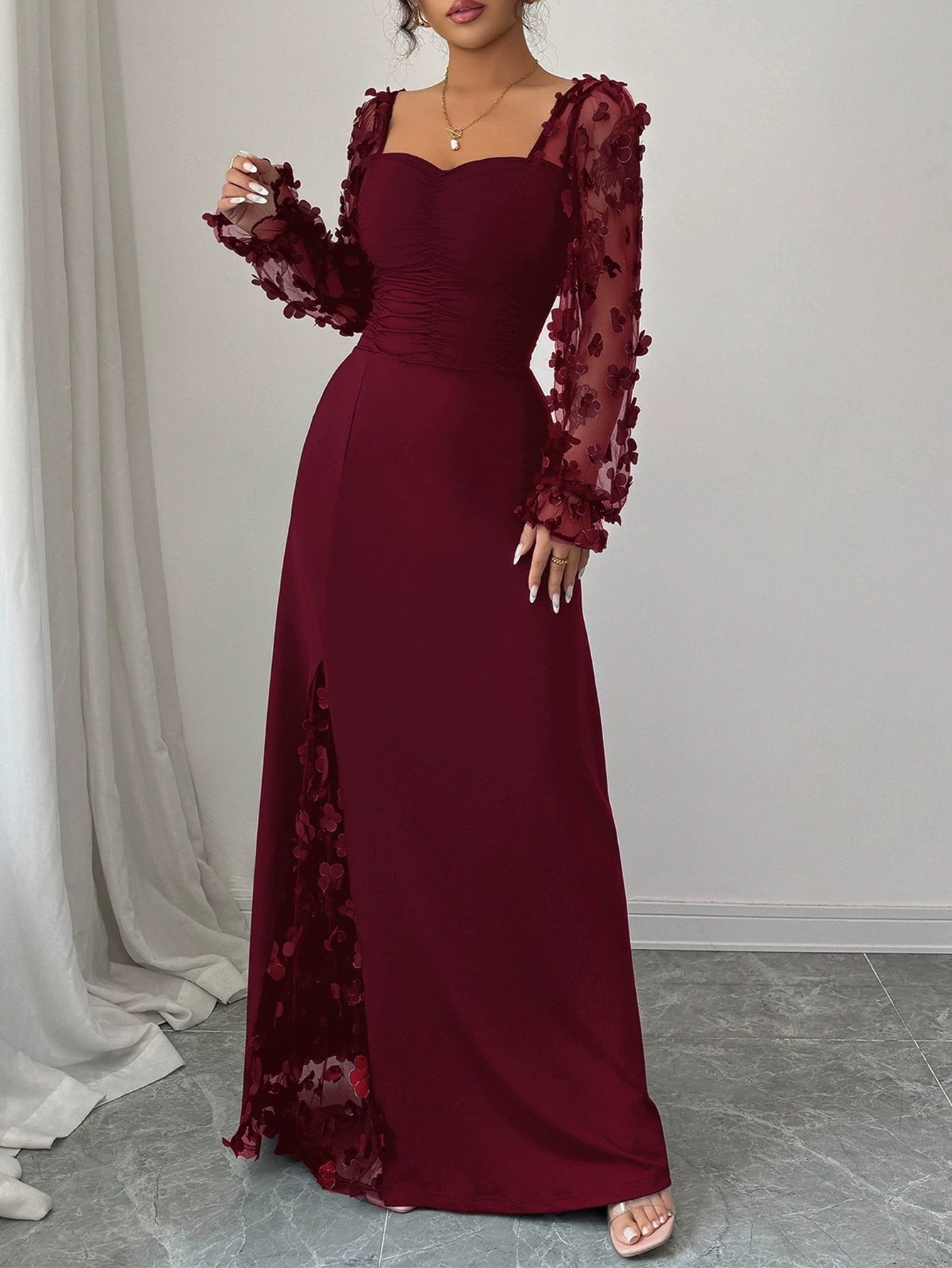 Elegant Solid Color Lace Dress With Long Sleeve And Square Collar, Made Of Polyester, Perfect For Banquet