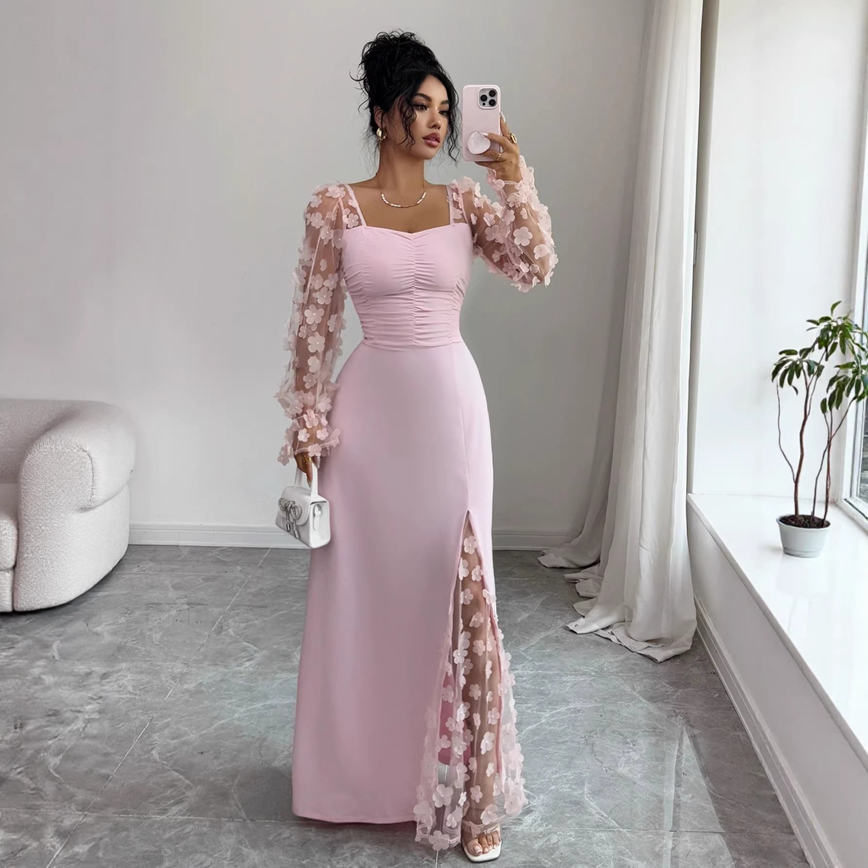 Elegant Solid Color Lace Dress With Long Sleeve And Square Collar, Made Of Polyester, Perfect For Banquet