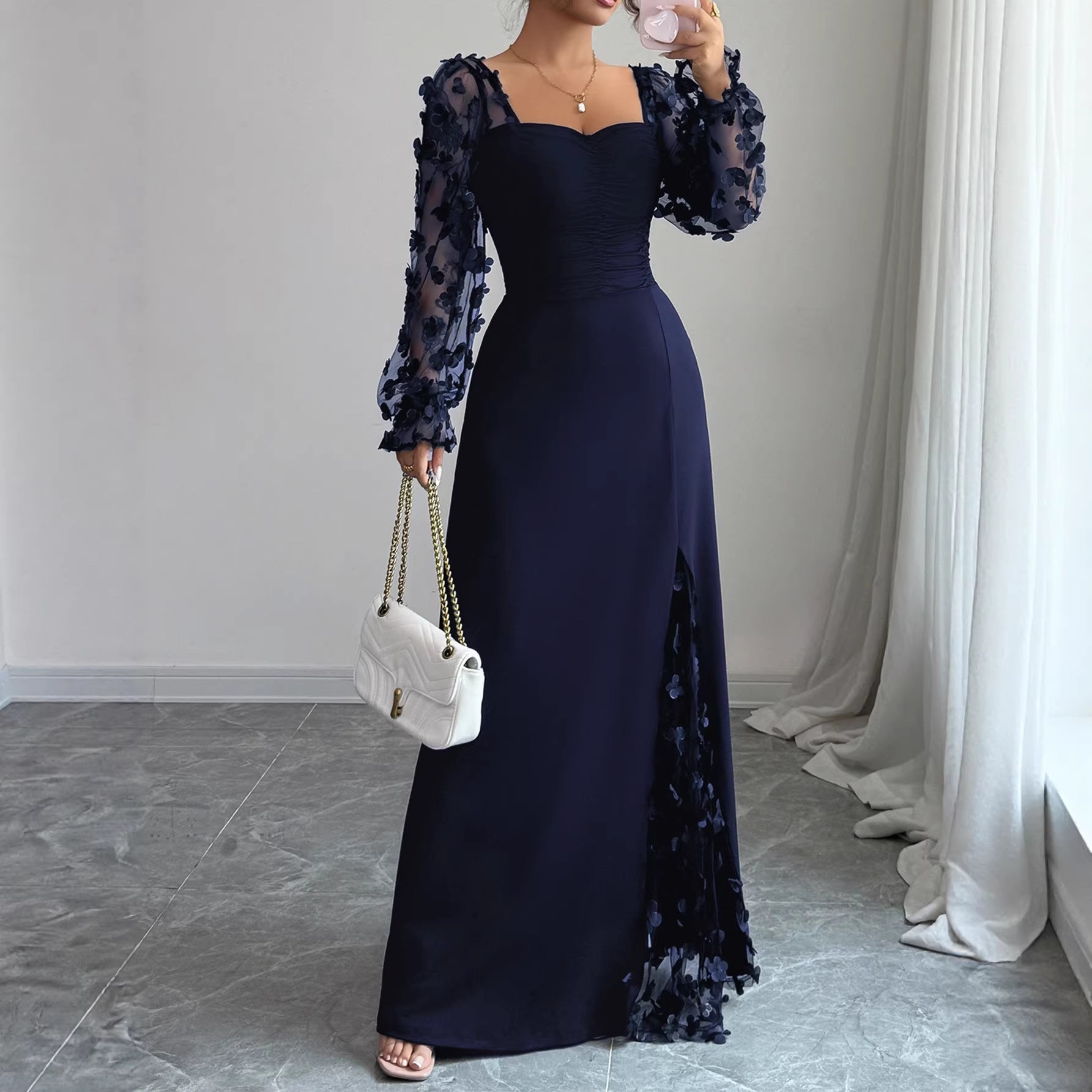 Elegant Solid Color Lace Dress With Long Sleeve And Square Collar, Made Of Polyester, Perfect For Banquet