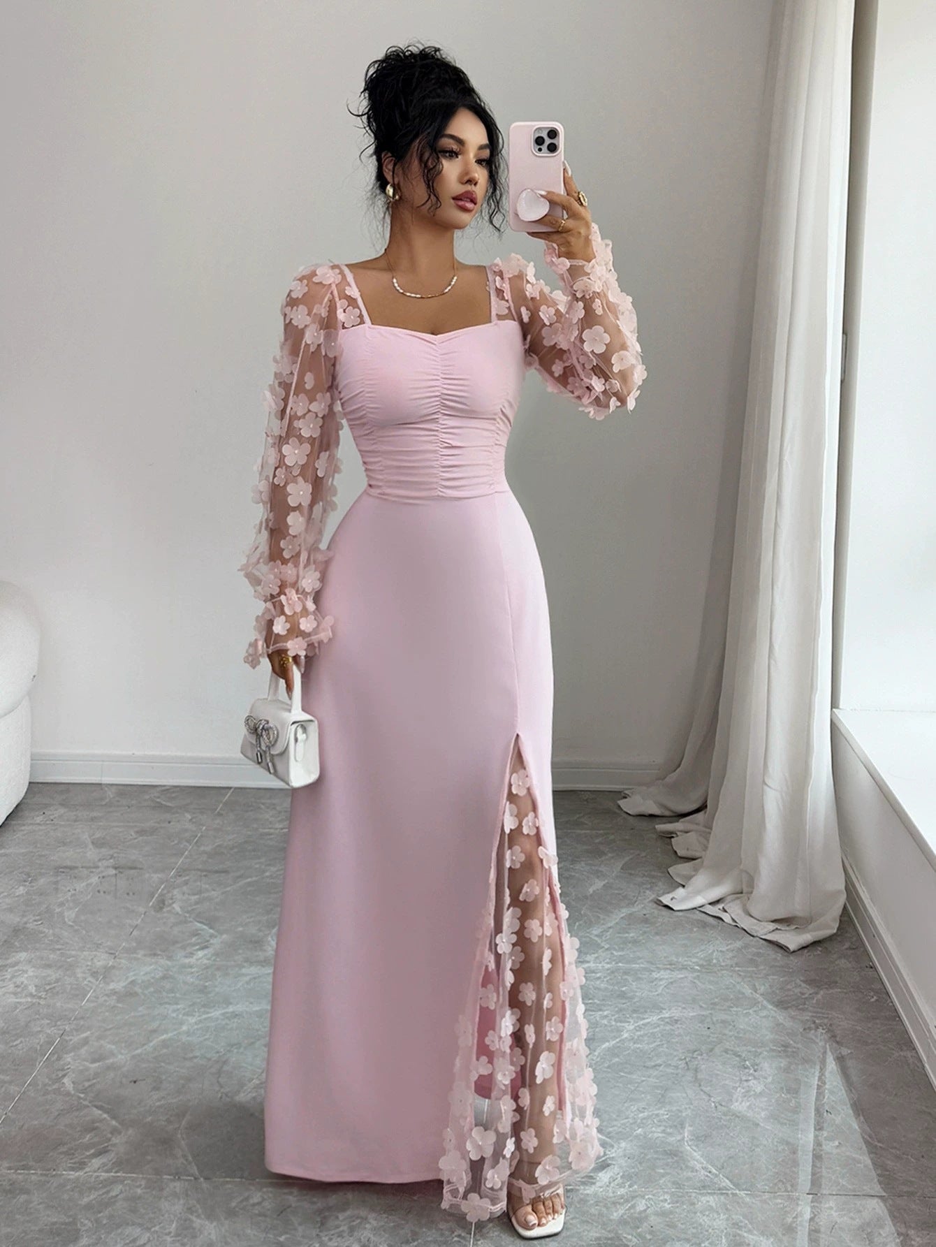 Elegant Solid Color Lace Dress With Long Sleeve And Square Collar, Made Of Polyester, Perfect For Banquet