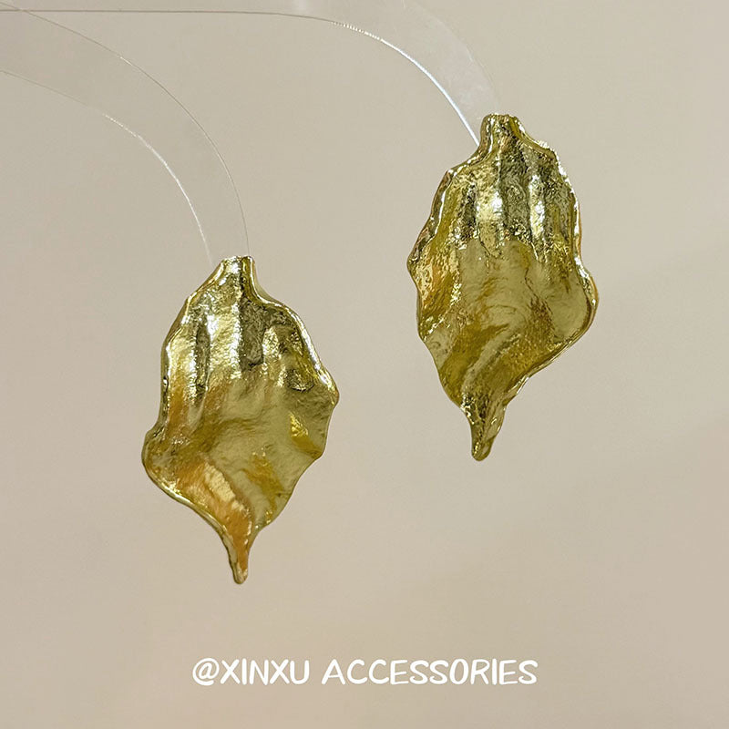 Gold Leaves Earrings For Women With Fold Craft, Featuring 925 Sterling Silver Ear Pins And Alloy Material