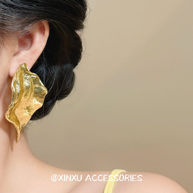 Gold Leaves Earrings For Women With Fold Craft, Featuring 925 Sterling Silver Ear Pins And Alloy Material