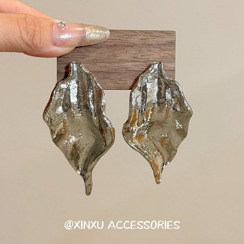 Gold Leaves Earrings For Women With Fold Craft, Featuring 925 Sterling Silver Ear Pins And Alloy Material