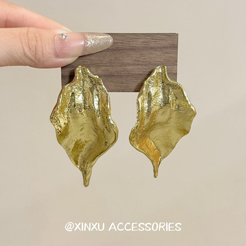 Gold Leaves Earrings For Women With Fold Craft, Featuring 925 Sterling Silver Ear Pins And Alloy Material
