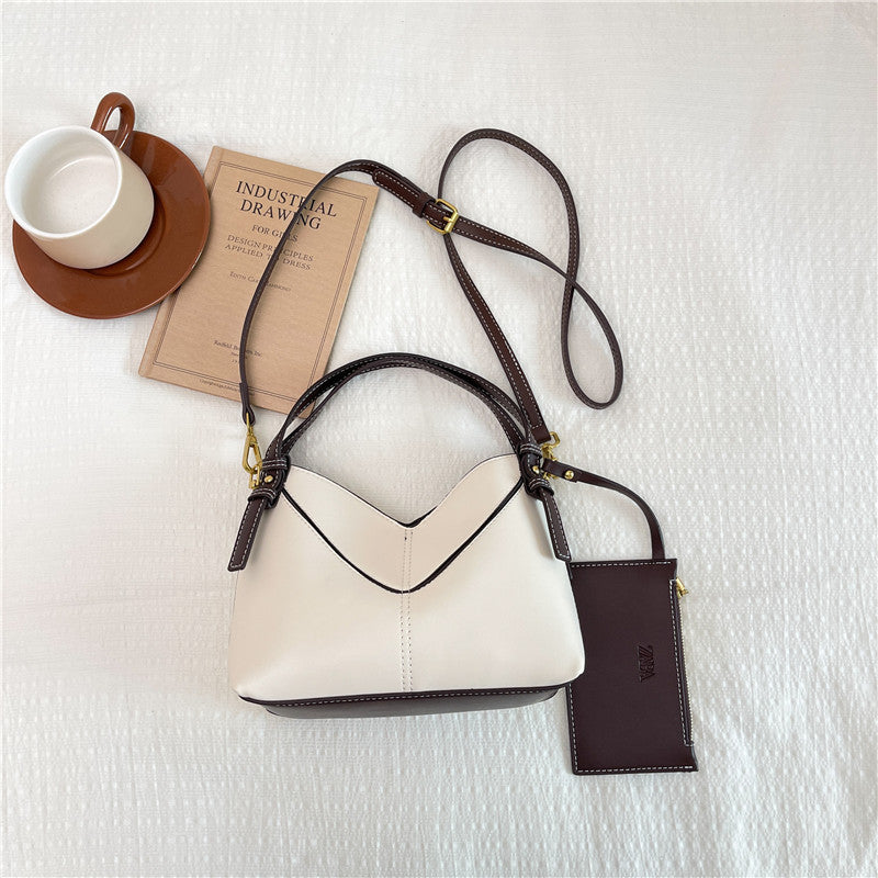 Color Block PU Leather Bucket Bag With Sewing Thread Detail, Single Shoulder Strap, Perfect For  Spring And Summer