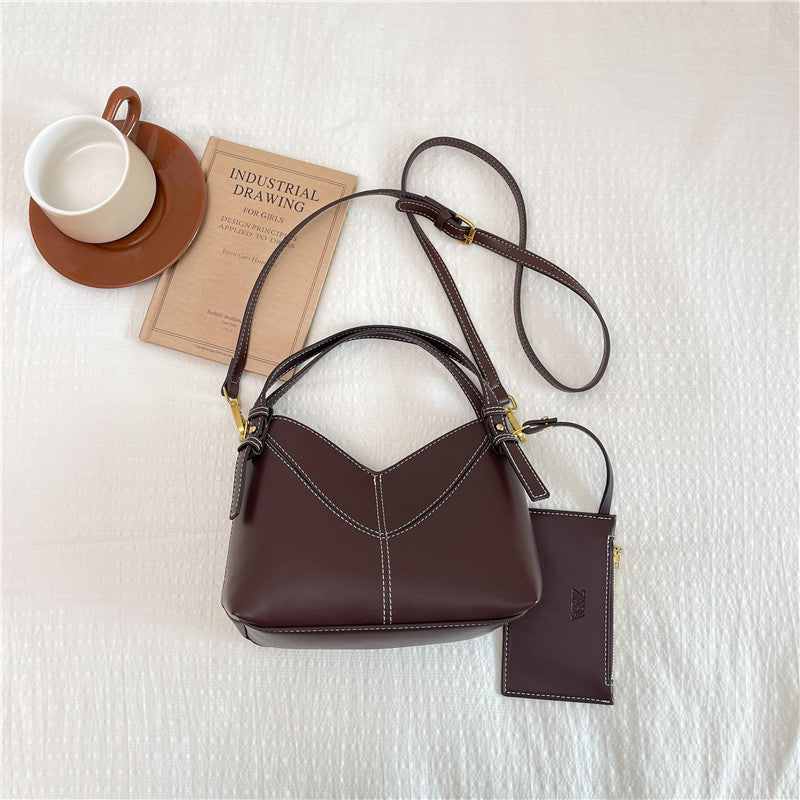 Color Block PU Leather Bucket Bag With Sewing Thread Detail, Single Shoulder Strap, Perfect For  Spring And Summer