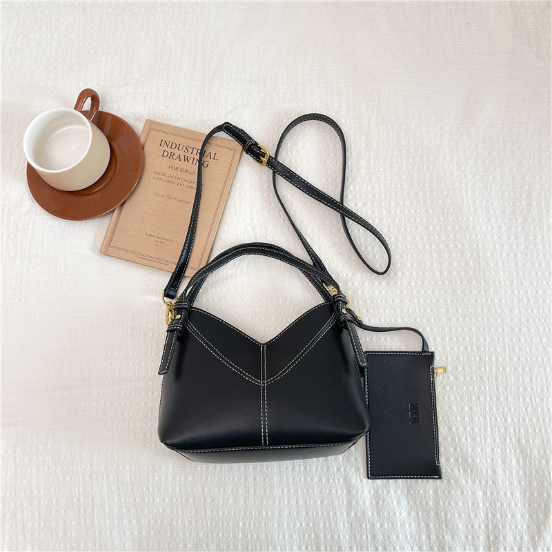 Color Block PU Leather Bucket Bag With Sewing Thread Detail, Single Shoulder Strap, Perfect For  Spring And Summer