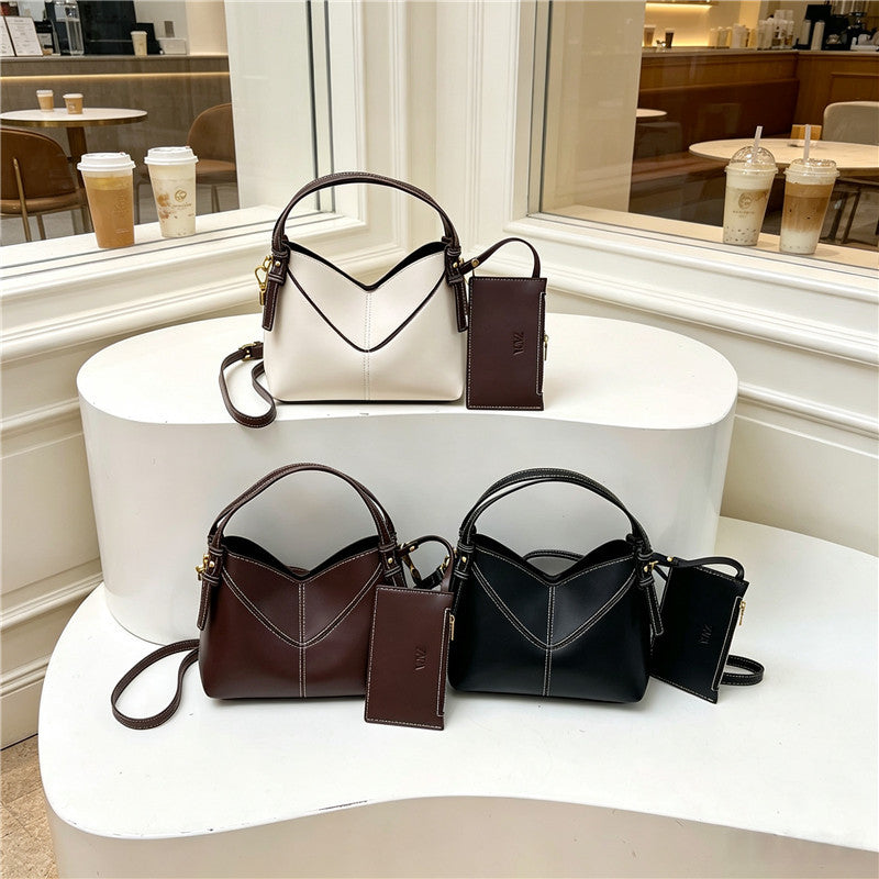 Color Block PU Leather Bucket Bag With Sewing Thread Detail, Single Shoulder Strap, Perfect For  Spring And Summer