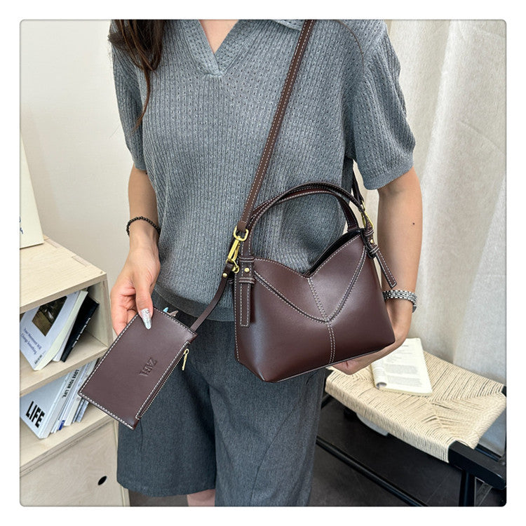 Color Block PU Leather Bucket Bag With Sewing Thread Detail, Single Shoulder Strap, Perfect For  Spring And Summer