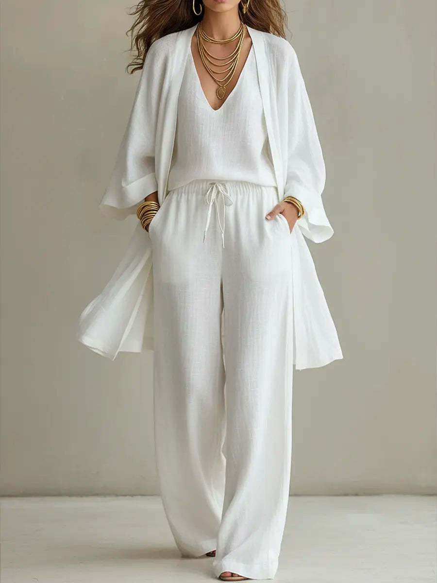 Casual Solid Color Wide Leg Pants Pant Co-ord Set In Cotton Blends With Placket, 3 Pieces Set