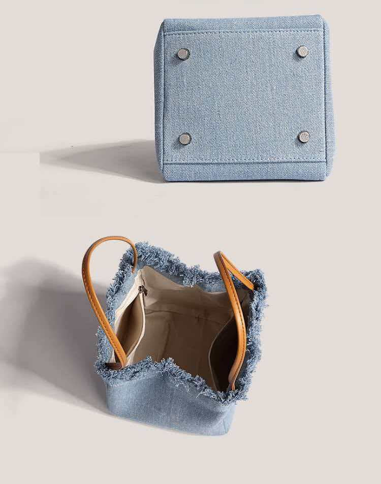 Denim Square Splicing Tote Bag With Sewing Thread Detail, Double Handle, Perfect For Summer