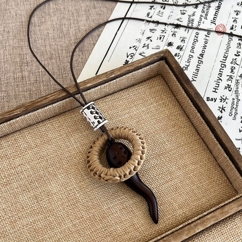 Ethnic Style Handmade Brown Cotton Braid Plant Sweater Chain Necklace For Unisex