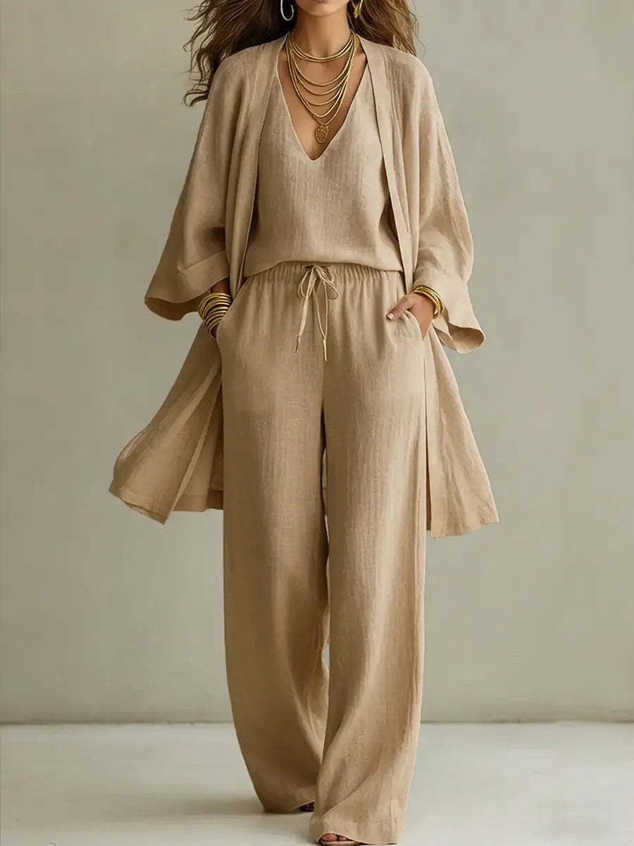Casual Solid Color Wide Leg Pants Pant Co-ord Set In Cotton Blends With Placket, 3 Pieces Set