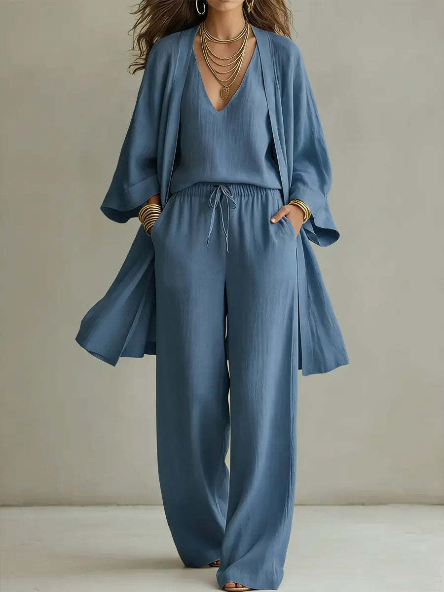 Casual Solid Color Wide Leg Pants Pant Co-ord Set In Cotton Blends With Placket, 3 Pieces Set