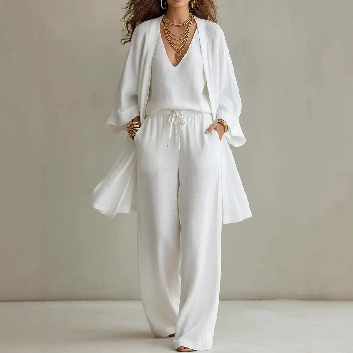 Casual Solid Color Wide Leg Pants Pant Co-ord Set In Cotton Blends With Placket, 3 Pieces Set