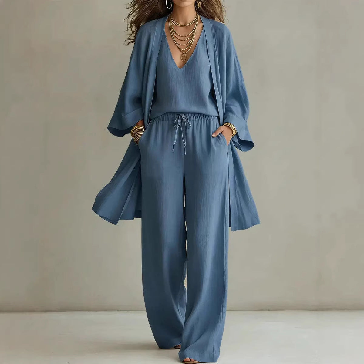 Casual Solid Color Wide Leg Pants Pant Co-ord Set In Cotton Blends With Placket, 3 Pieces Set