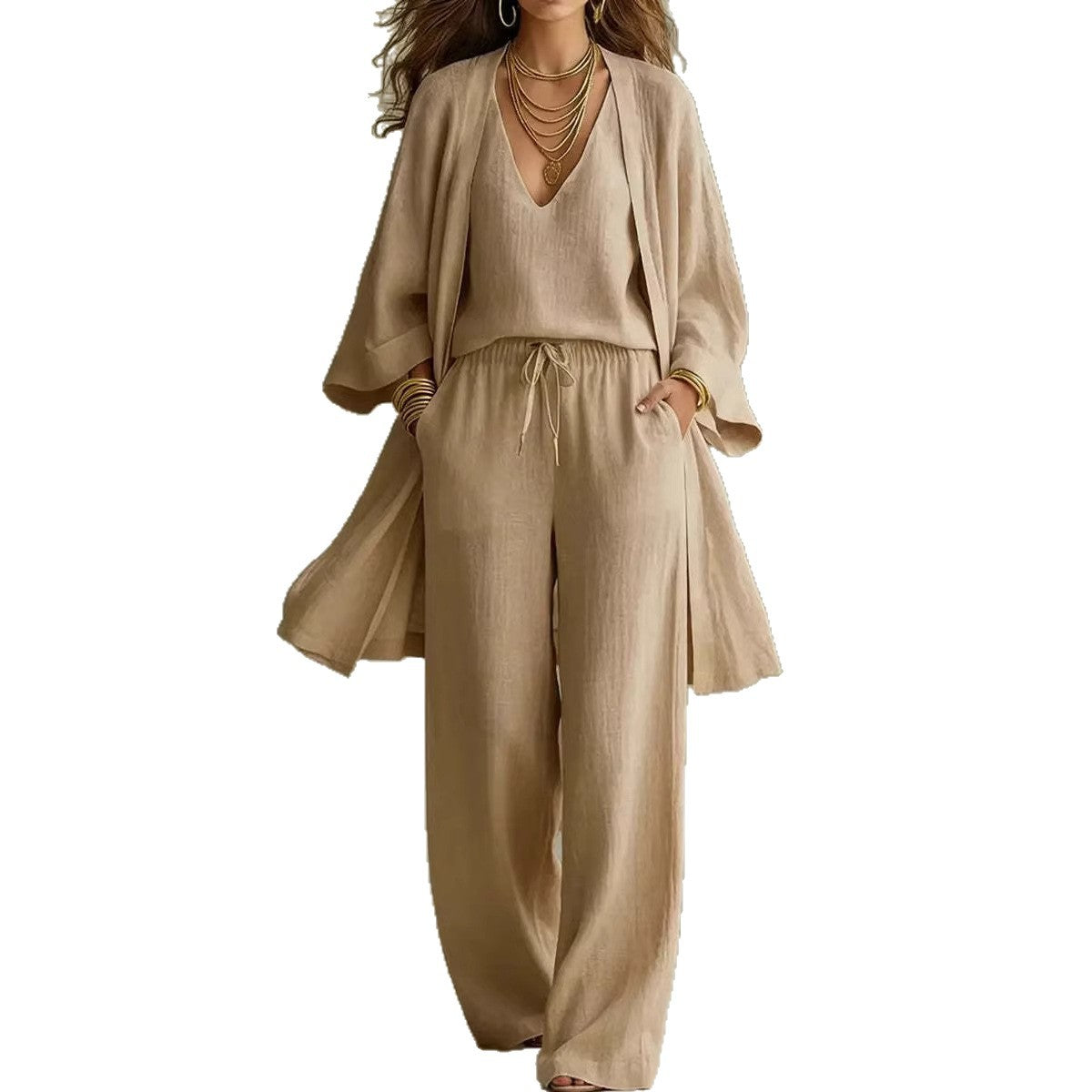 Casual Solid Color Wide Leg Pants Pant Co-ord Set In Cotton Blends With Placket, 3 Pieces Set