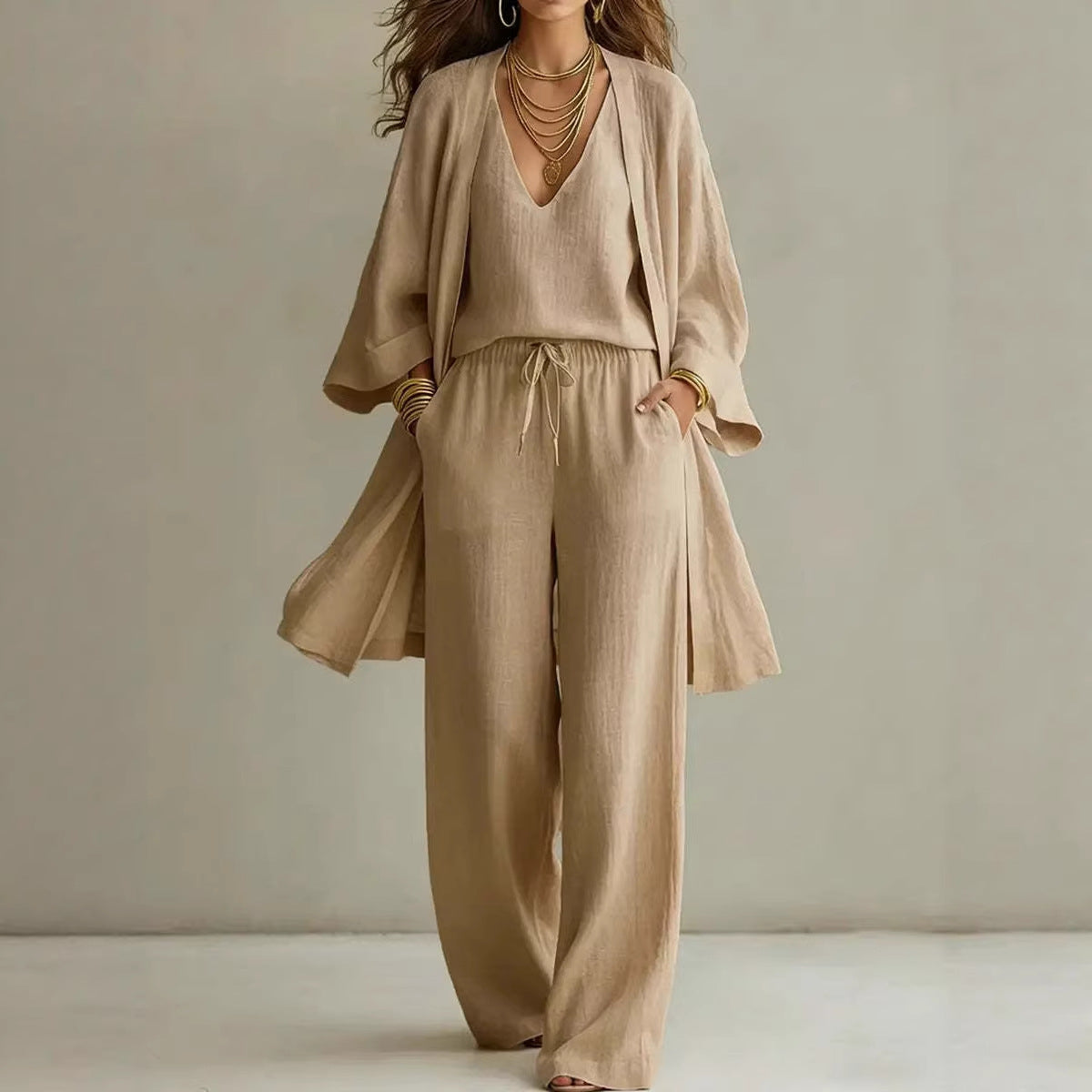 Casual Solid Color Wide Leg Pants Pant Co-ord Set In Cotton Blends With Placket, 3 Pieces Set