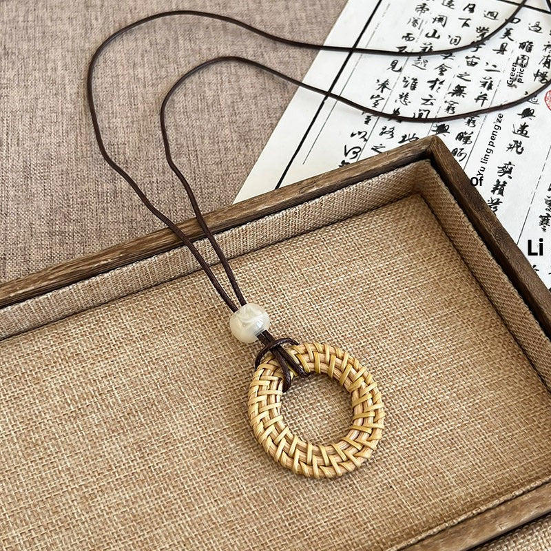 Ethnic Style Handmade Brown Cotton Braid Plant Sweater Chain Necklace For Unisex