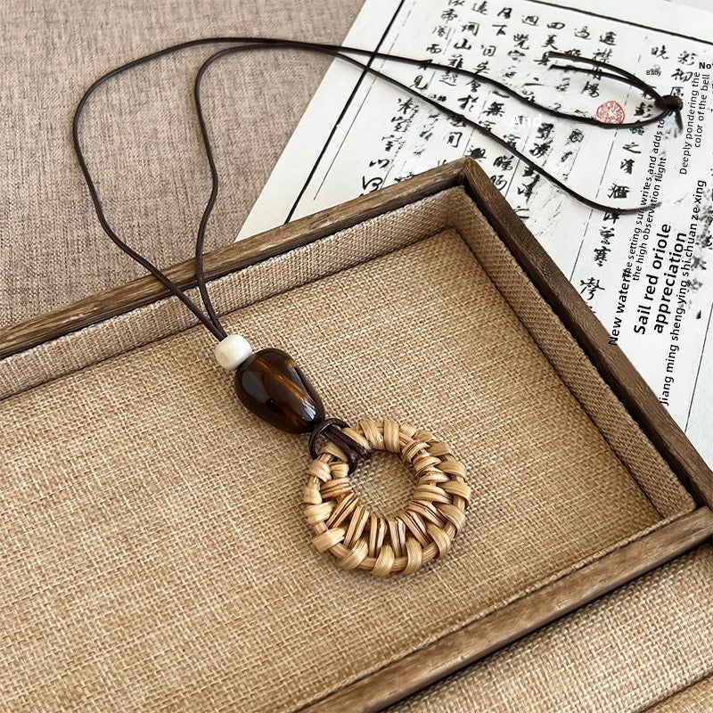 Ethnic Style Handmade Brown Cotton Braid Plant Sweater Chain Necklace For Unisex