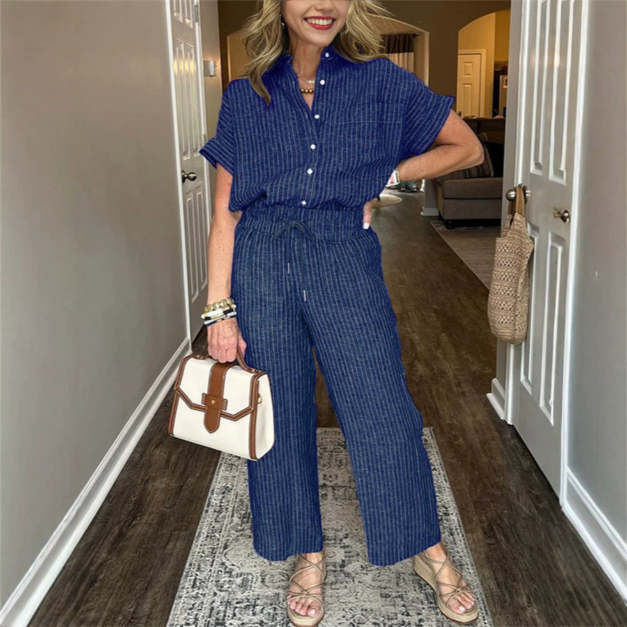 Casual Stripe Straight Pants Pant Co-ord Set In Polyester Fabric Featuring Stripe Design, 2 Pieces Set