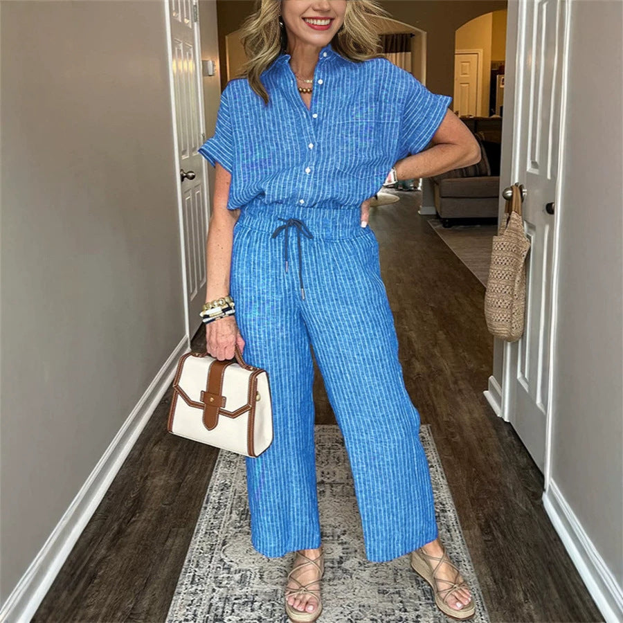 Casual Stripe Straight Pants Pant Co-ord Set In Polyester Fabric Featuring Stripe Design, 2 Pieces Set