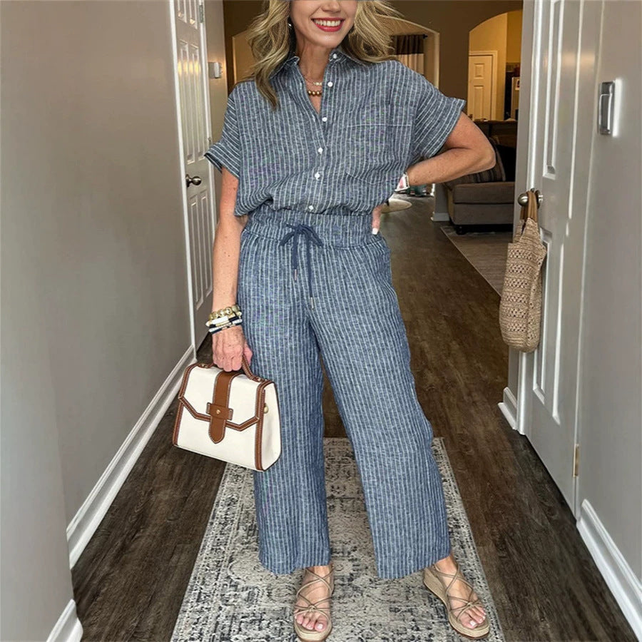 Casual Stripe Straight Pants Pant Co-ord Set In Polyester Fabric Featuring Stripe Design, 2 Pieces Set