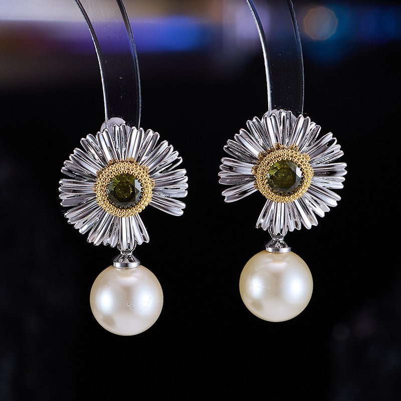 Daisy Earrings For Women In Silver Copper With Zircon Inlay Featuring 925 Sterling Silver Ear Pins