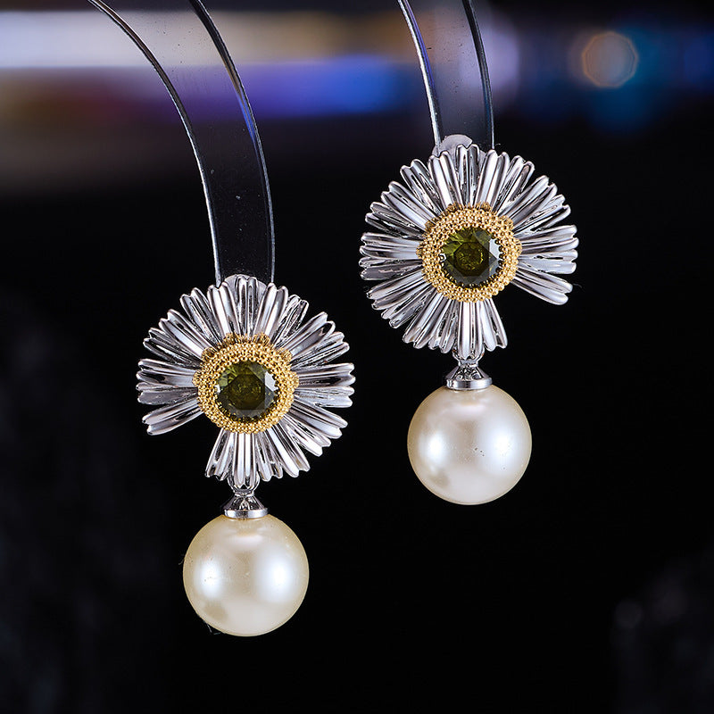 Daisy Earrings For Women In Silver Copper With Zircon Inlay Featuring 925 Sterling Silver Ear Pins