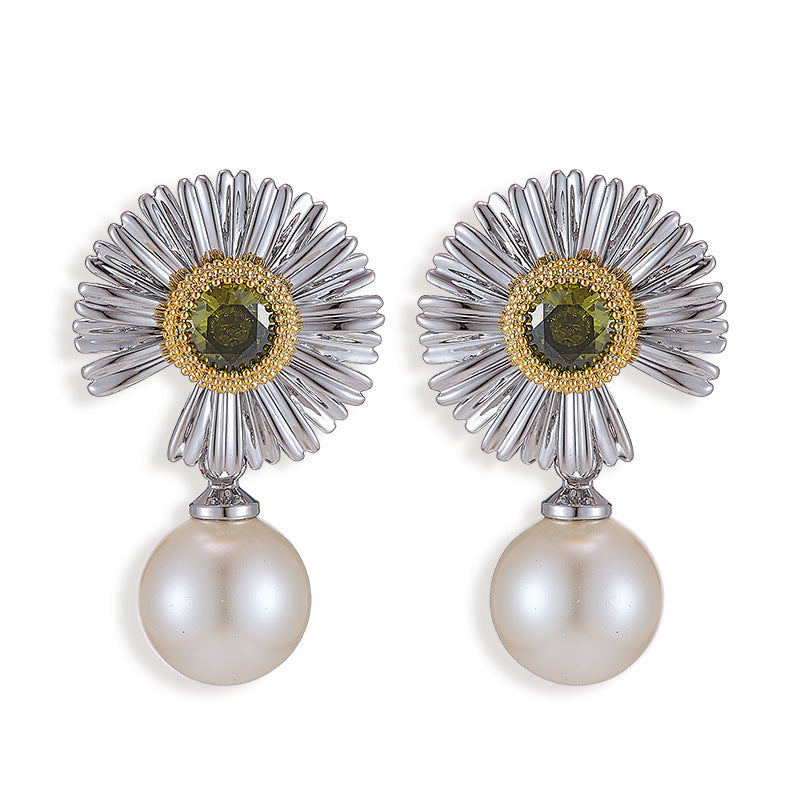 Daisy Earrings For Women In Silver Copper With Zircon Inlay Featuring 925 Sterling Silver Ear Pins