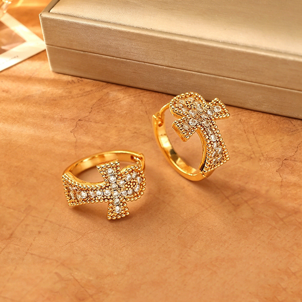 Cross Earrings For Women In Real Gold Plated Copper Featuring Zircon Inlay, Elegant Jewelry Accessory