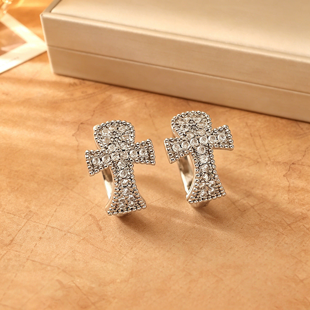 Cross Earrings For Women In Real Gold Plated Copper Featuring Zircon Inlay, Elegant Jewelry Accessory