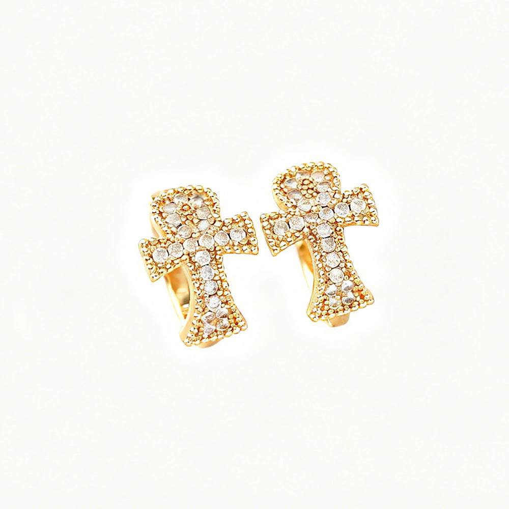 Cross Earrings For Women In Real Gold Plated Copper Featuring Zircon Inlay, Elegant Jewelry Accessory