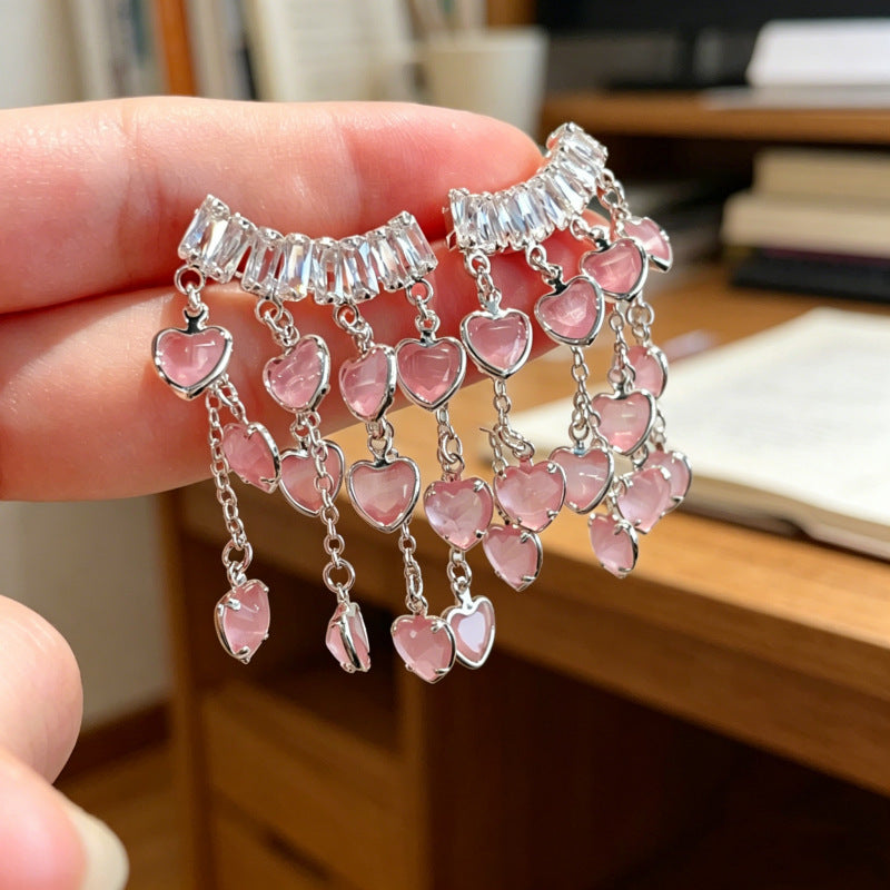 Heart Shape Tassel Earrings For Women Featuring Peach Crystal And Zircon Inlay With Copper Ear Pins