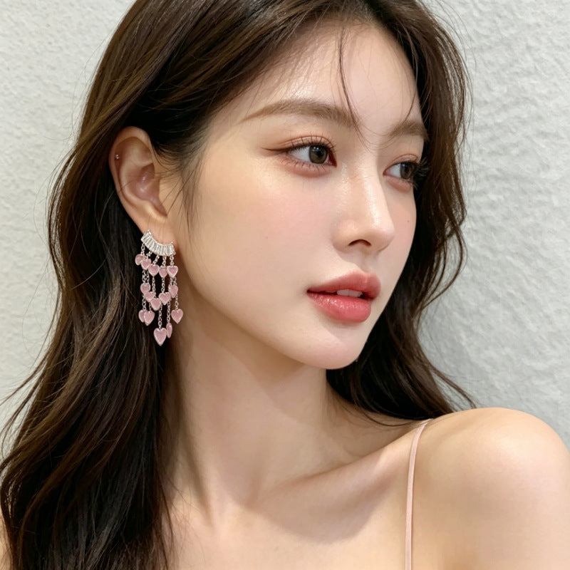 Heart Shape Tassel Earrings For Women Featuring Peach Crystal And Zircon Inlay With Copper Ear Pins