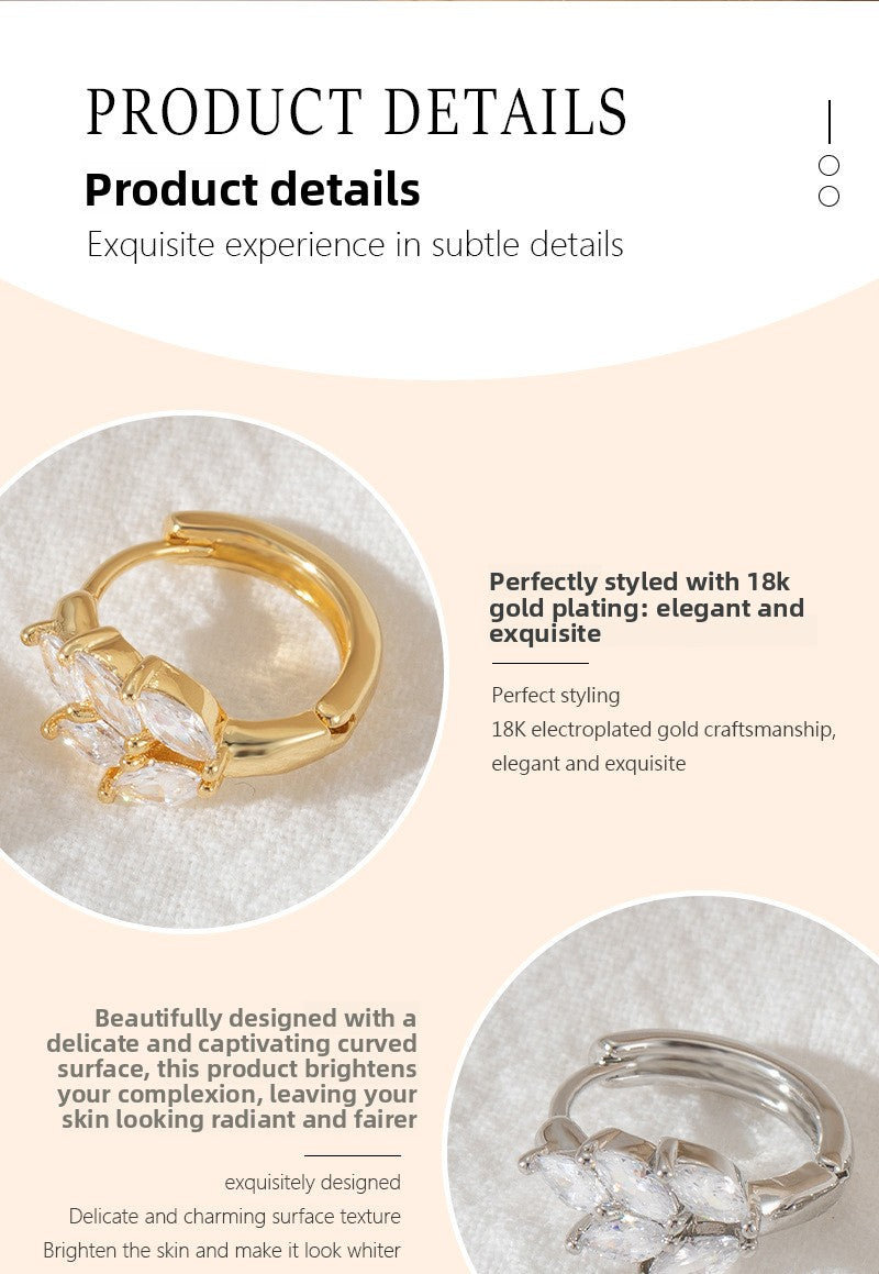 Leaves Pattern Hoop Earrings For Women In Simple Style, Copper Material With Zircon Inlay, Available In Gold