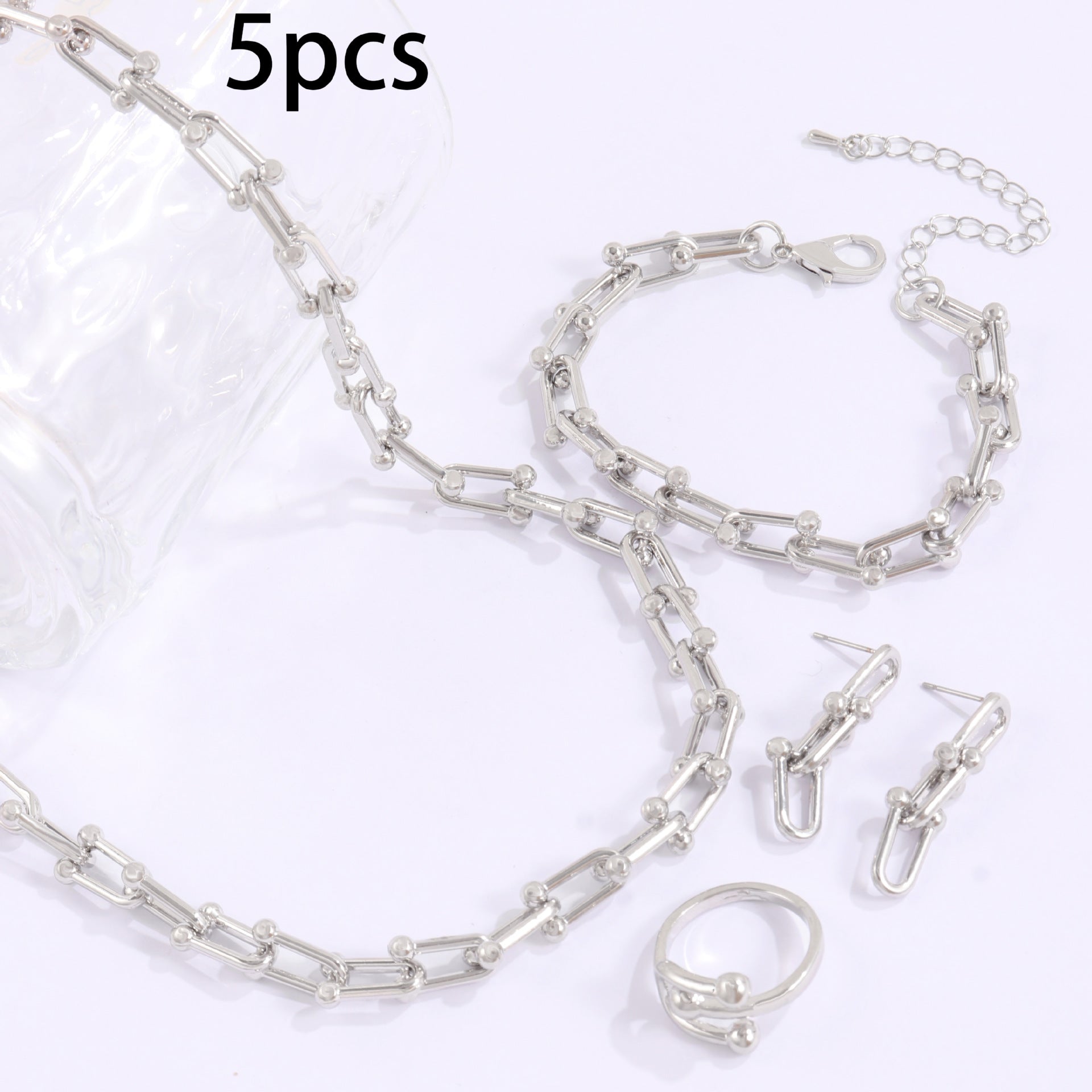 Geometric Silver Jewelry Set In Simple Style For Unisex, Featuring Electroplated Alloy With Cuban Link Chain Curb Chain