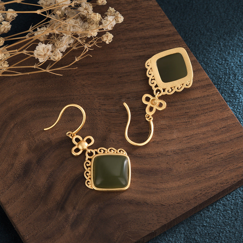 Geometric Earrings For Women Featuring Gold Plated Copper With Jade Inlay In Elegant Gold Tone