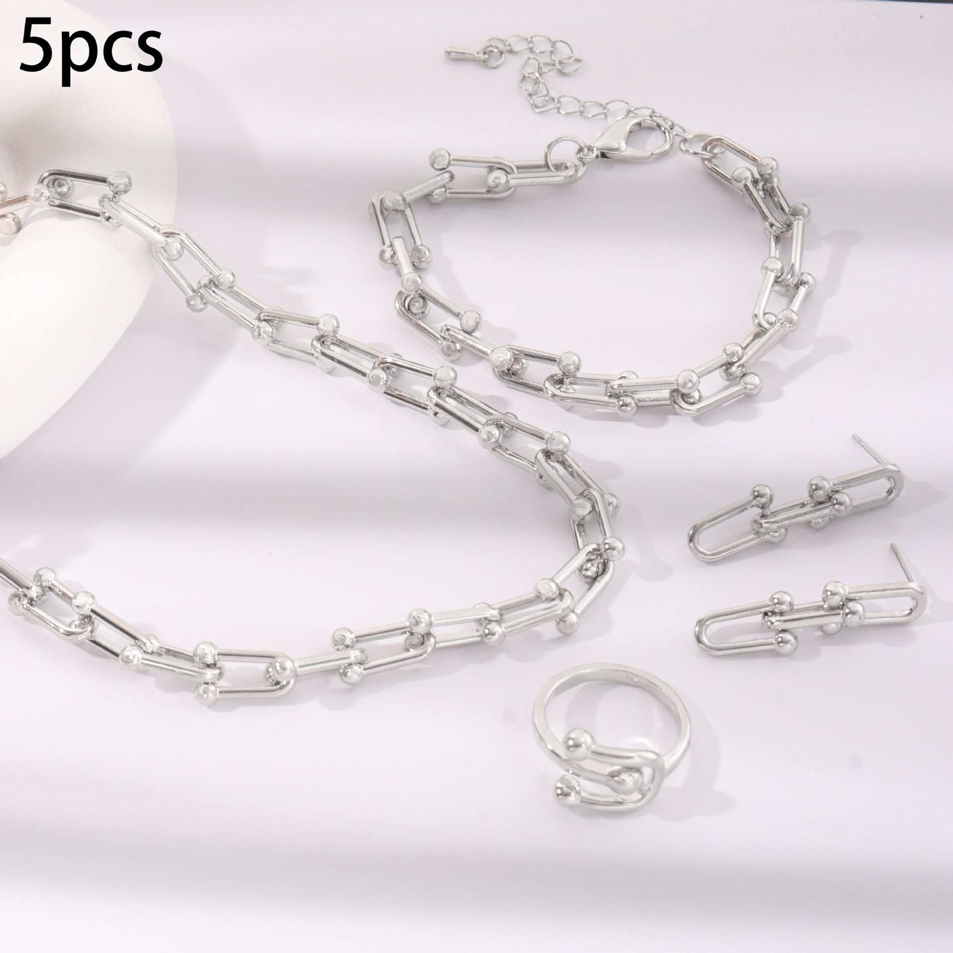 Geometric Silver Jewelry Set In Simple Style For Unisex, Featuring Electroplated Alloy With Cuban Link Chain Curb Chain