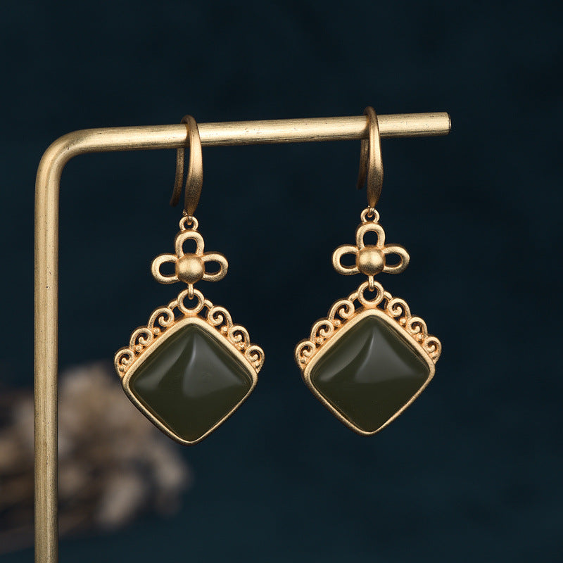 Geometric Earrings For Women Featuring Gold Plated Copper With Jade Inlay In Elegant Gold Tone