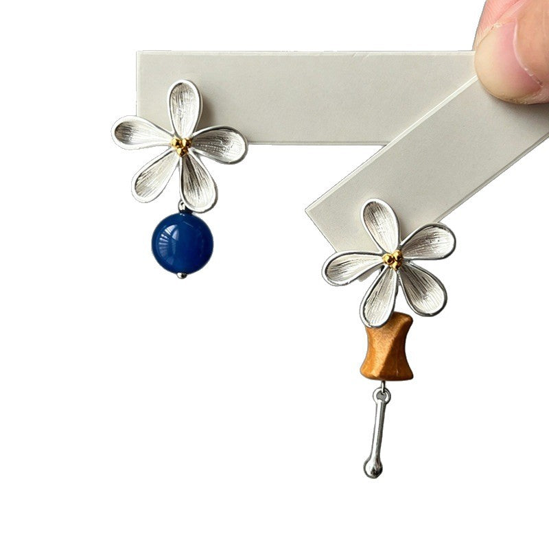 Asymmetrical Flowers Earrings For Women In Ethnic Style With 925 Sterling Silver Alloy Posts