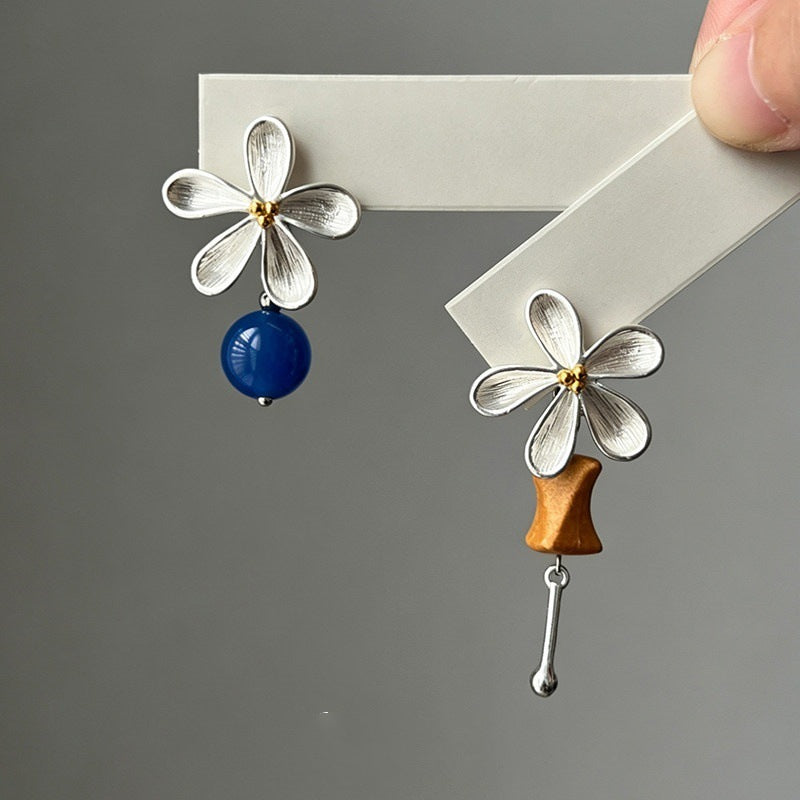Asymmetrical Flowers Earrings For Women In Ethnic Style With 925 Sterling Silver Alloy Posts