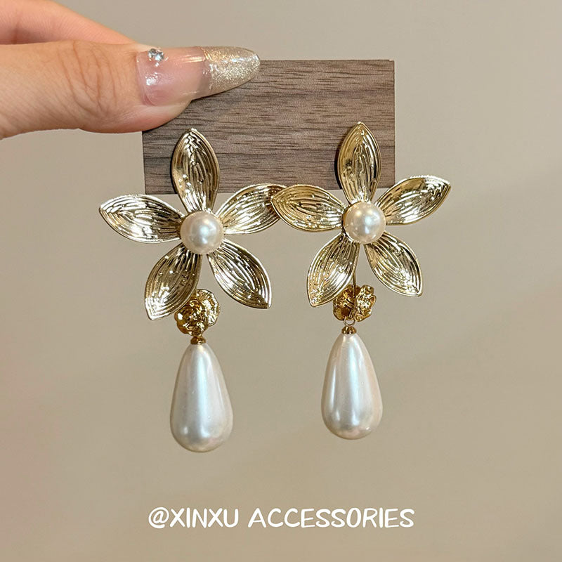Gold Flowers Earrings For Women Featuring Electroplated Alloy With 925 Sterling Silver Ear Pins
