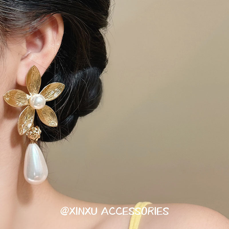 Gold Flowers Earrings For Women Featuring Electroplated Alloy With 925 Sterling Silver Ear Pins
